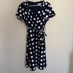 Shelby & Palmer Navy Polka Dot Faux Wrap Midi Dress Size 10 NWT Belted
